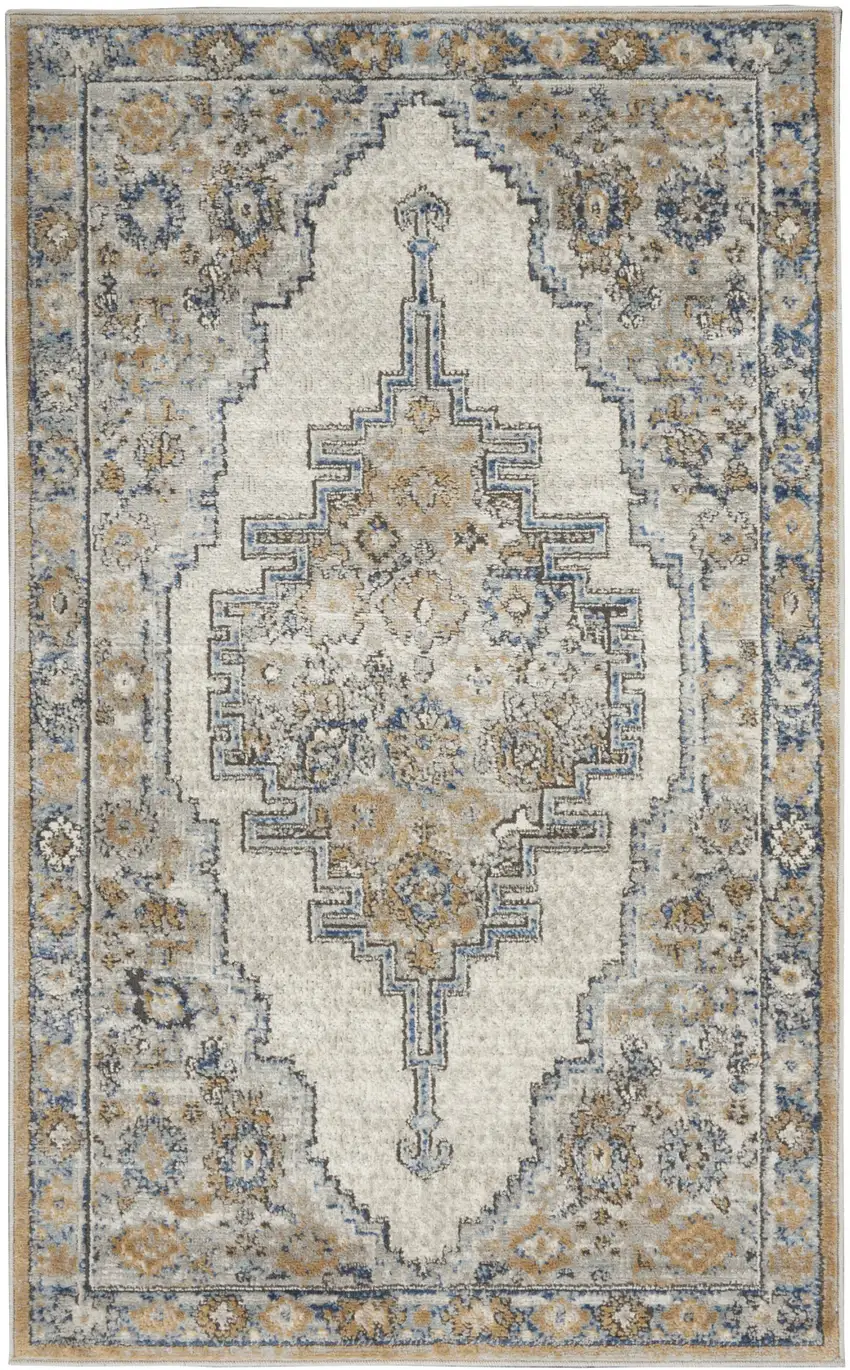 Grey And Light Blue Oriental Power Loom Non Skid Area Rug Photo 2