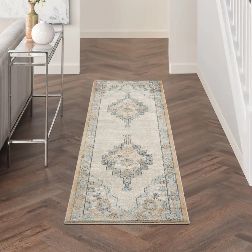 Grey And Light Blue Oriental Power Loom Non Skid Runner Rug Photo 4