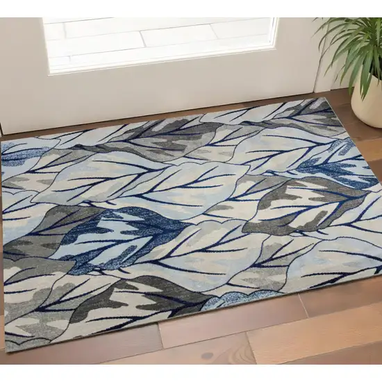 Gray And Navy Blue Botanical Leaves Area Rug Photo 1