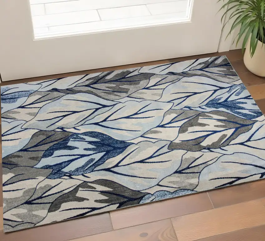 Gray And Navy Blue Botanical Leaves Area Rug Photo 1