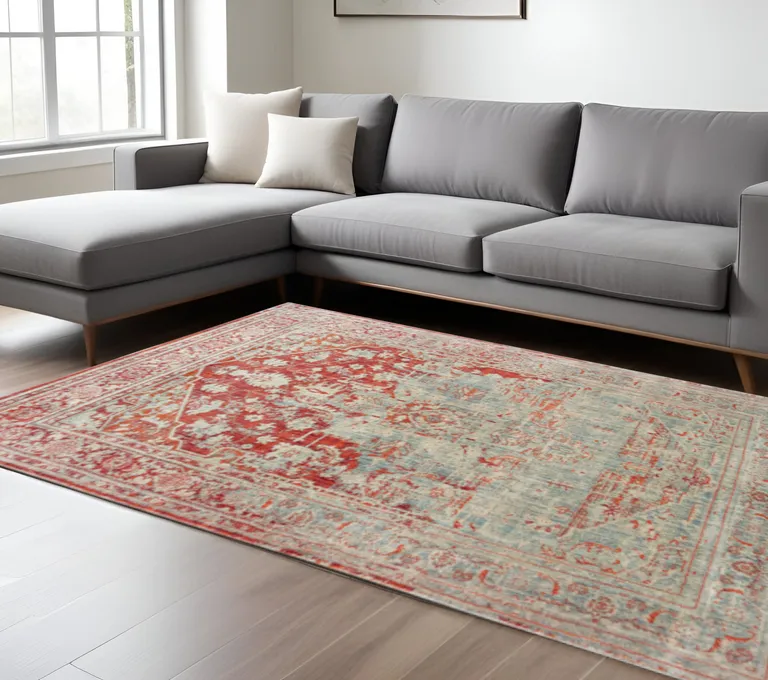 Grey And Orange Oriental Power Loom Stain Resistant Area Rug Photo 5