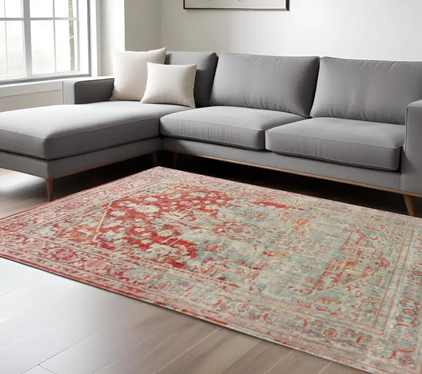 Grey And Orange Oriental Power Loom Stain Resistant Area Rug Photo 1
