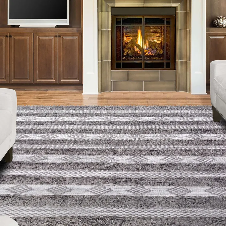 Grey And Silver Wool Striped Flatweave Handmade Stain Resistant Area Rug With Fringe Photo 5