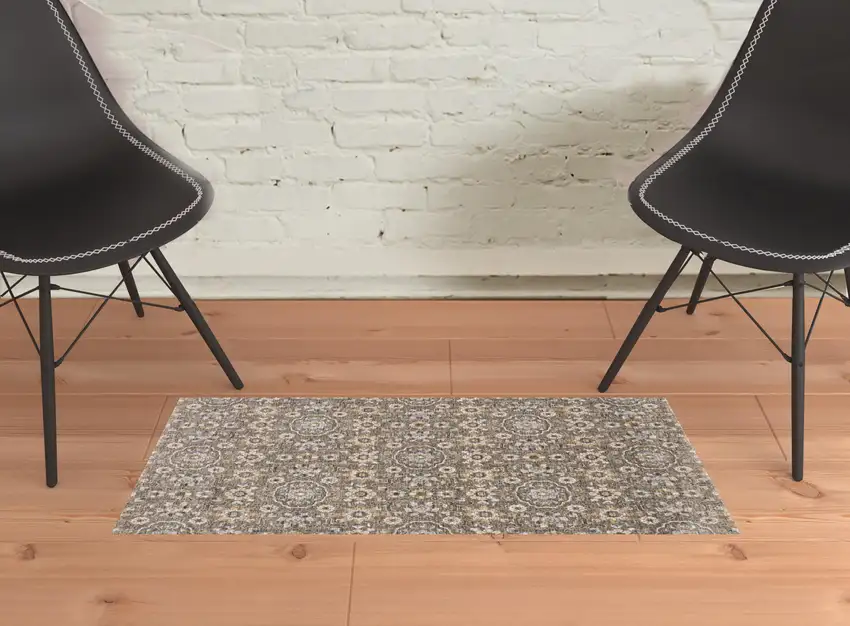 Grey And Tan Floral Power Loom Stain Resistant Area Rug With Fringe Photo 4
