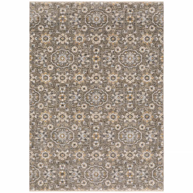 Grey And Tan Floral Power Loom Stain Resistant Area Rug With Fringe Photo 4