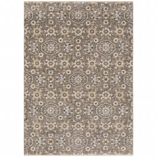 Grey And Tan Floral Power Loom Stain Resistant Area Rug With Fringe Photo 1