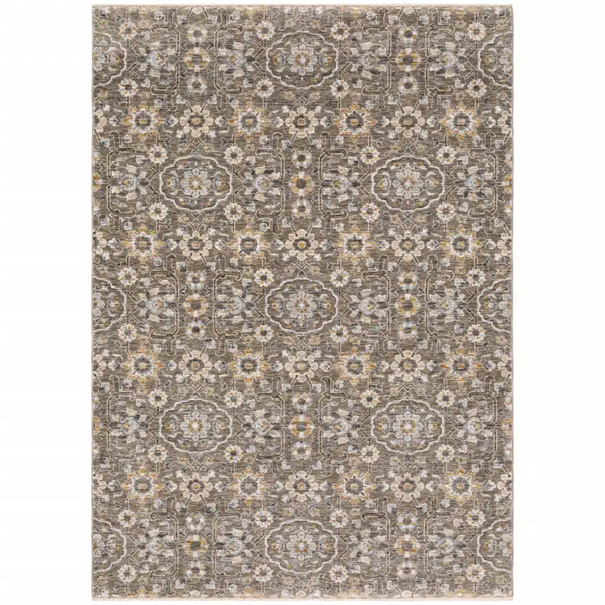 Grey And Tan Floral Power Loom Stain Resistant Area Rug With Fringe Photo 1