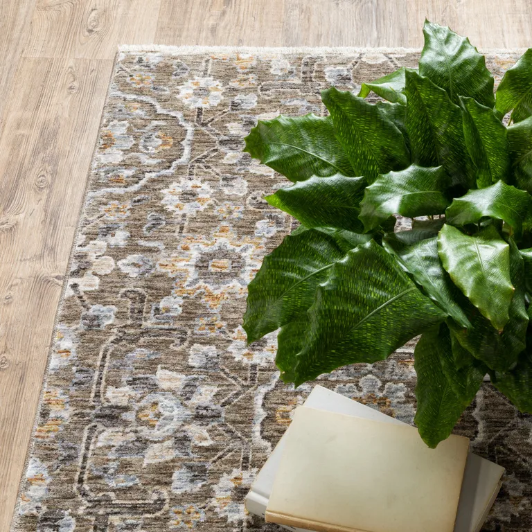 Grey And Tan Floral Power Loom Stain Resistant Area Rug With Fringe Photo 2