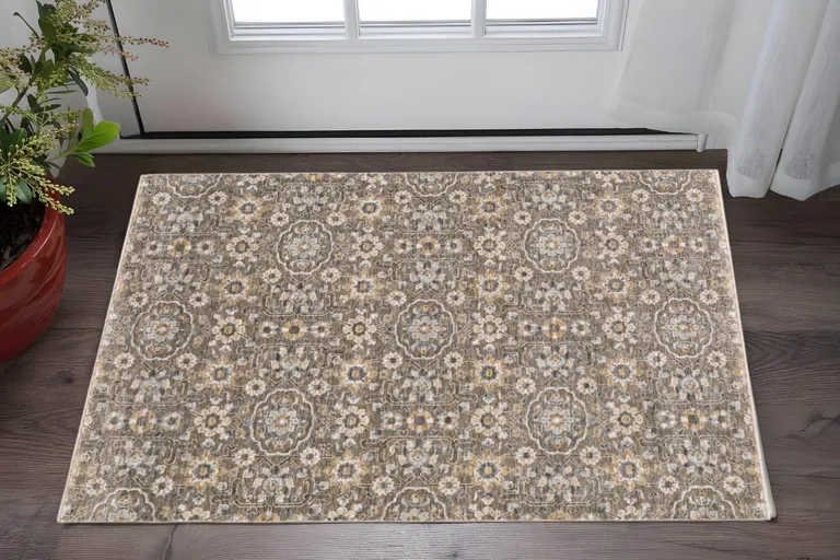 Grey And Tan Floral Power Loom Stain Resistant Area Rug With Fringe Photo 5