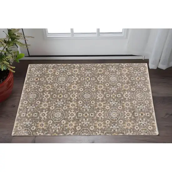 Grey And Tan Floral Power Loom Stain Resistant Area Rug With Fringe Photo 2