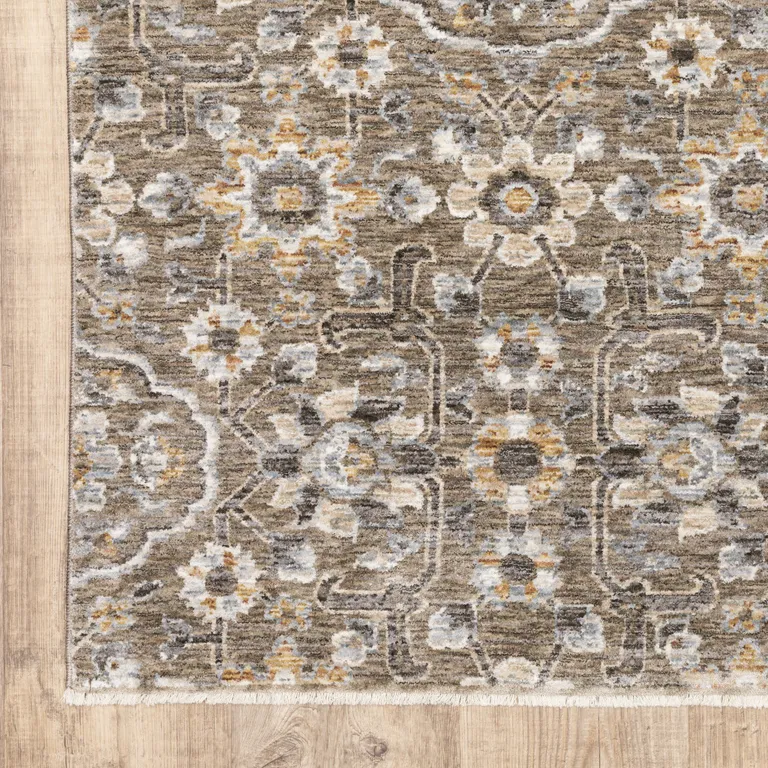 Grey And Tan Floral Power Loom Stain Resistant Area Rug With Fringe Photo 1
