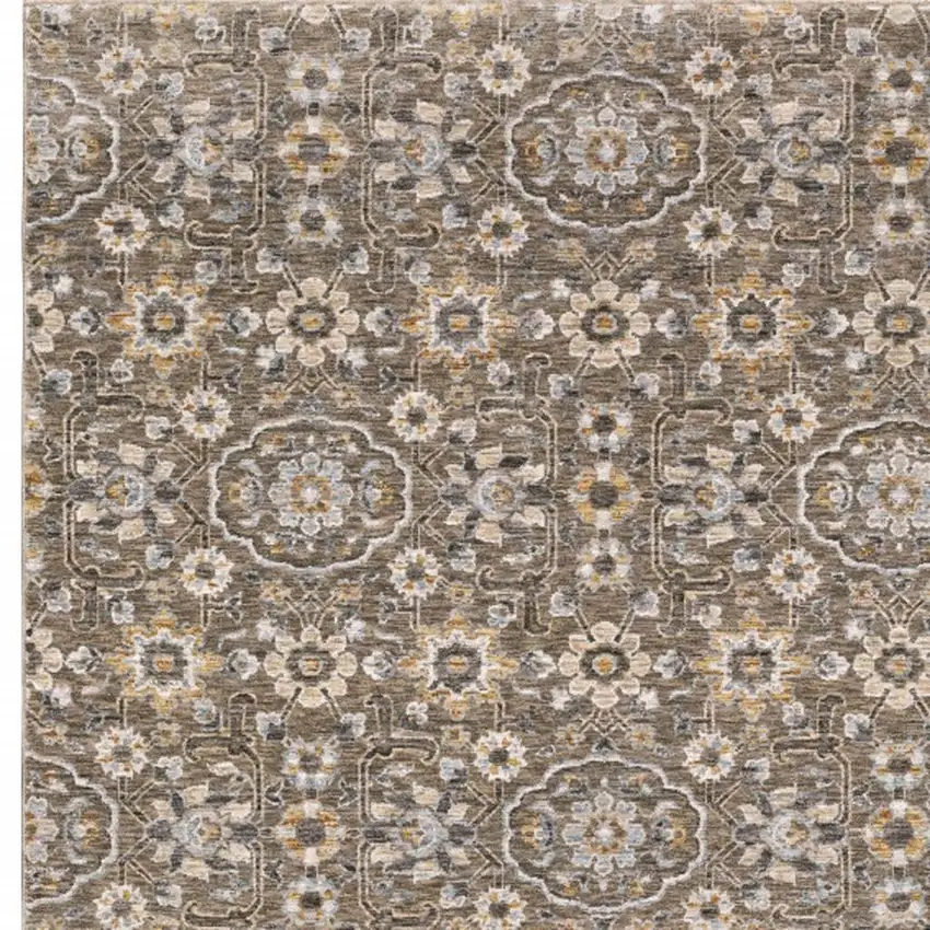 Grey And Tan Floral Power Loom Stain Resistant Area Rug With Fringe Photo 6