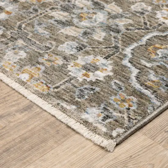 Grey And Tan Floral Power Loom Stain Resistant Area Rug With Fringe Photo 6