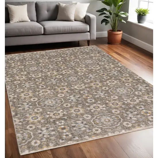 Grey And Tan Floral Power Loom Stain Resistant Area Rug With Fringe Photo 2