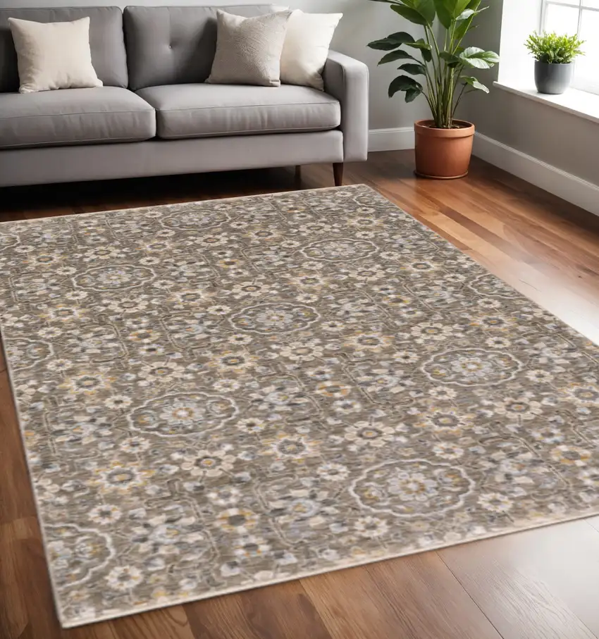 Grey And Tan Floral Power Loom Stain Resistant Area Rug With Fringe Photo 2