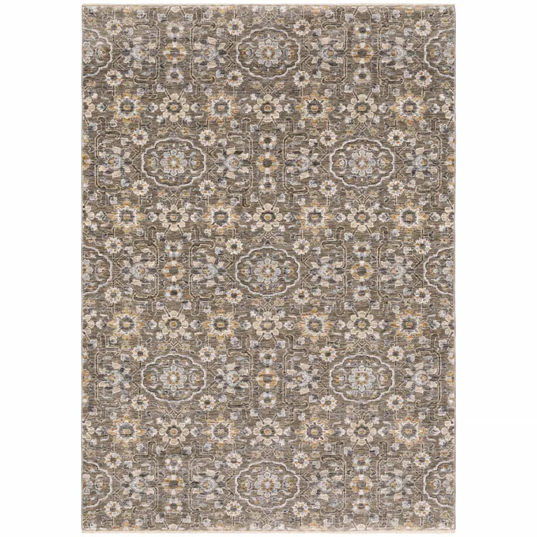 Grey And Tan Floral Power Loom Stain Resistant Area Rug With Fringe Photo 2