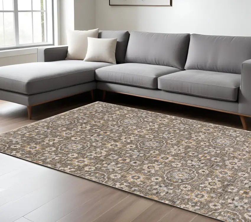 Gray Floral Power Loom Area Rug With Fringe Photo 1