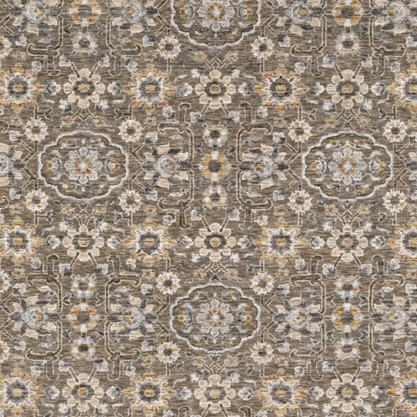 Grey And Tan Floral Power Loom Stain Resistant Area Rug With Fringe Photo 7