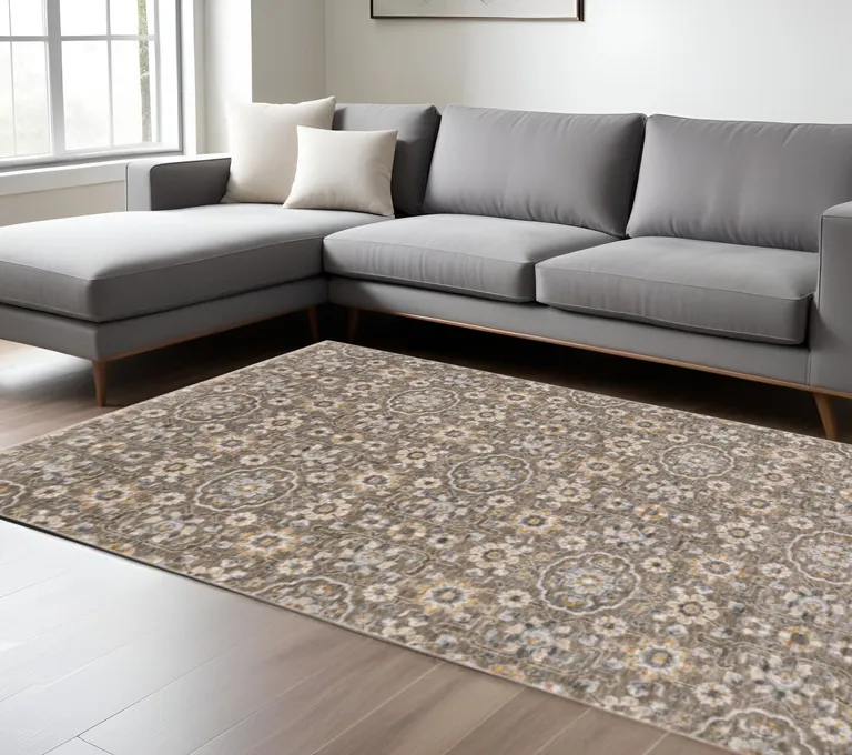 Grey And Tan Floral Power Loom Stain Resistant Area Rug With Fringe Photo 5