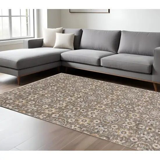 Grey And Tan Floral Power Loom Stain Resistant Area Rug With Fringe Photo 1