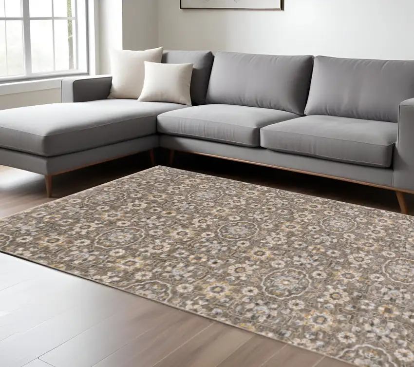 Grey And Tan Floral Power Loom Stain Resistant Area Rug With Fringe Photo 1