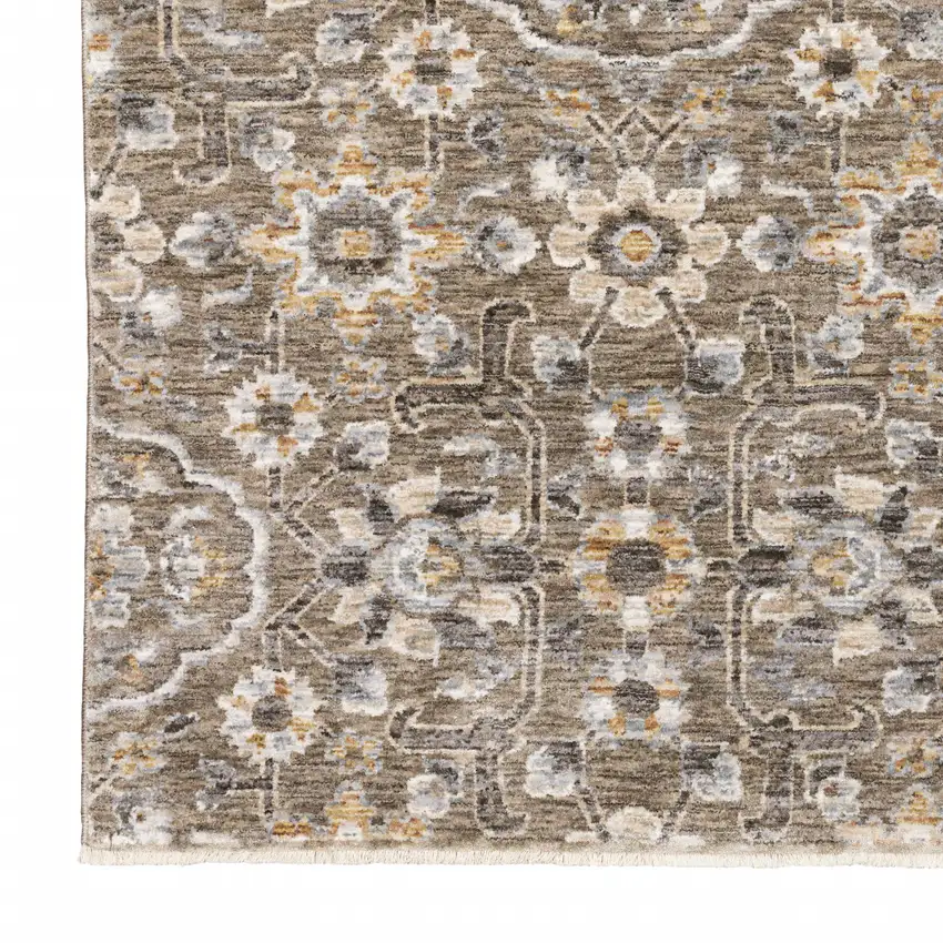 Grey And Tan Floral Power Loom Stain Resistant Area Rug With Fringe Photo 5