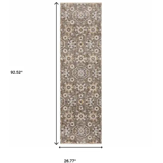 2' X 8' Grey And Tan Floral Power Loom Stain Resistant Runner Rug With Fringe Photo 3