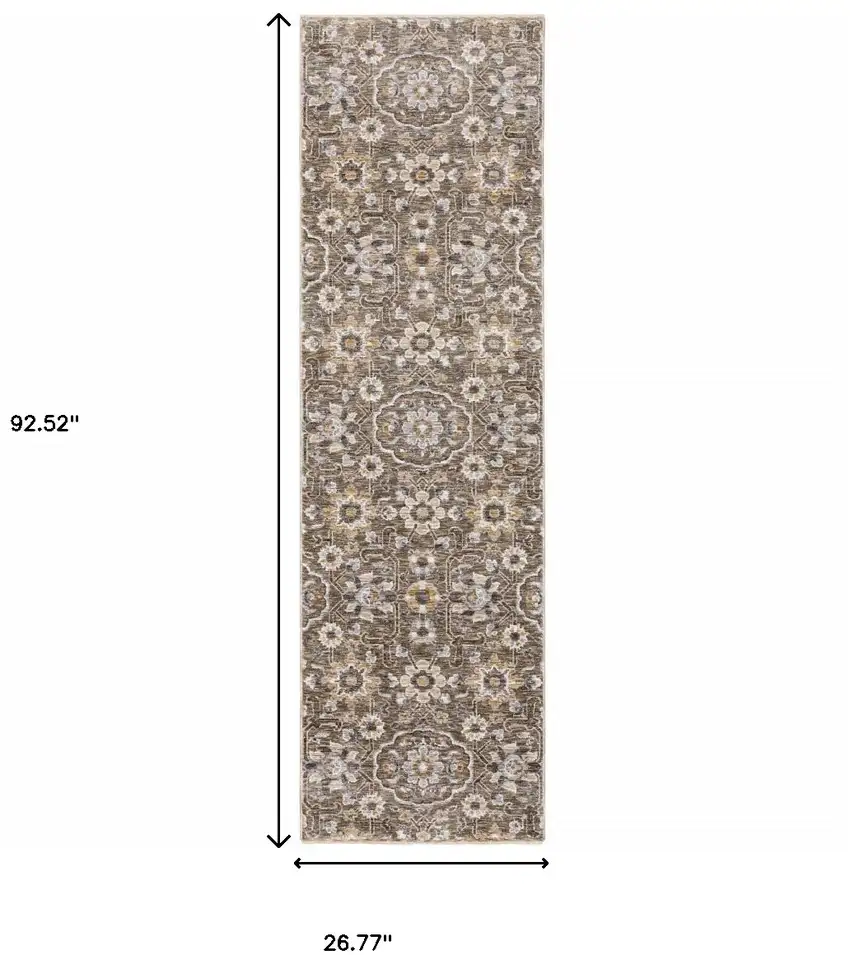 2' X 8' Grey And Tan Floral Power Loom Stain Resistant Runner Rug With Fringe Photo 3