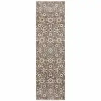 Photo of Grey And Tan Floral Power Loom Stain Resistant Runner Rug With Fringe