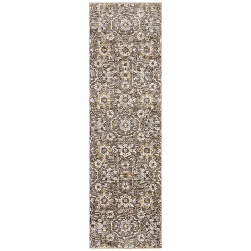 Grey And Tan Floral Power Loom Stain Resistant Runner Rug With Fringe Photo 1