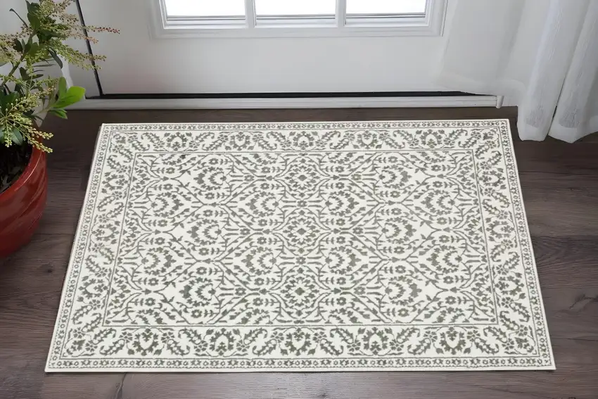 Grey And White Floral Power Loom Stain Resistant Area Rug Photo 1