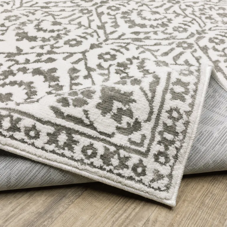 Grey And White Floral Power Loom Stain Resistant Area Rug Photo 1