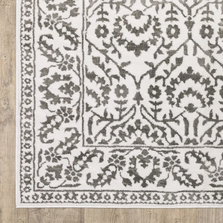 Grey And White Floral Power Loom Stain Resistant Area Rug Photo 5