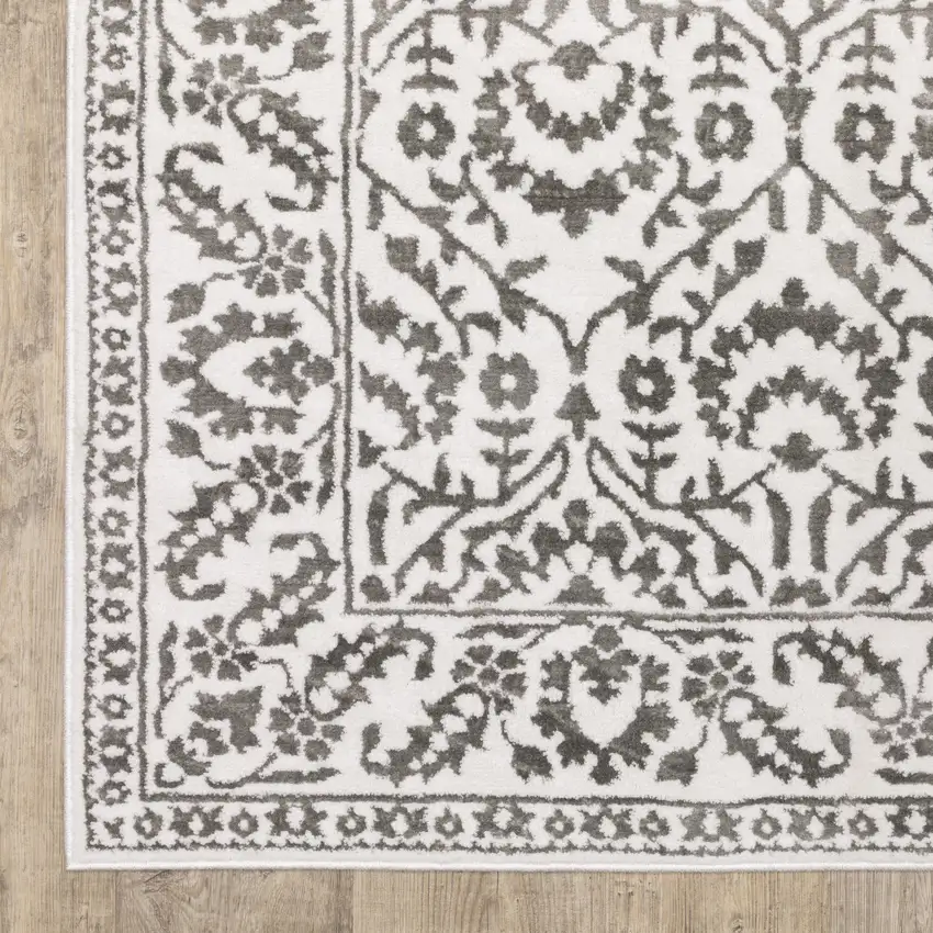 Grey And White Floral Power Loom Stain Resistant Area Rug Photo 4