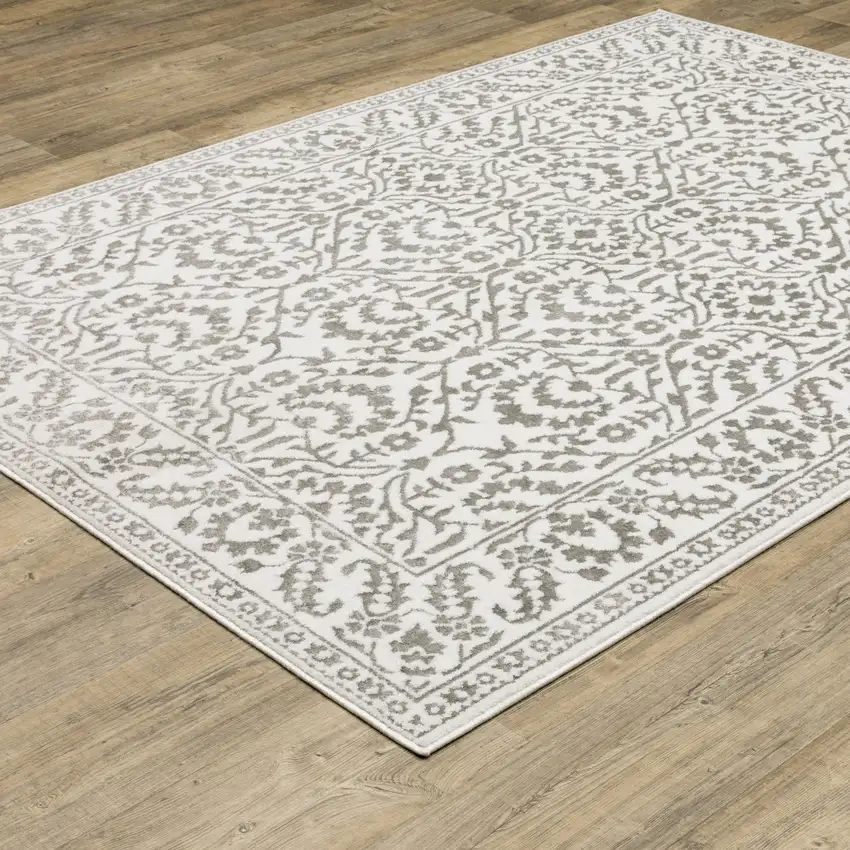 Grey And White Floral Power Loom Stain Resistant Area Rug Photo 6