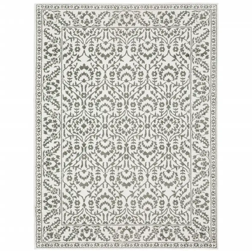Grey And White Floral Power Loom Stain Resistant Area Rug Photo 1