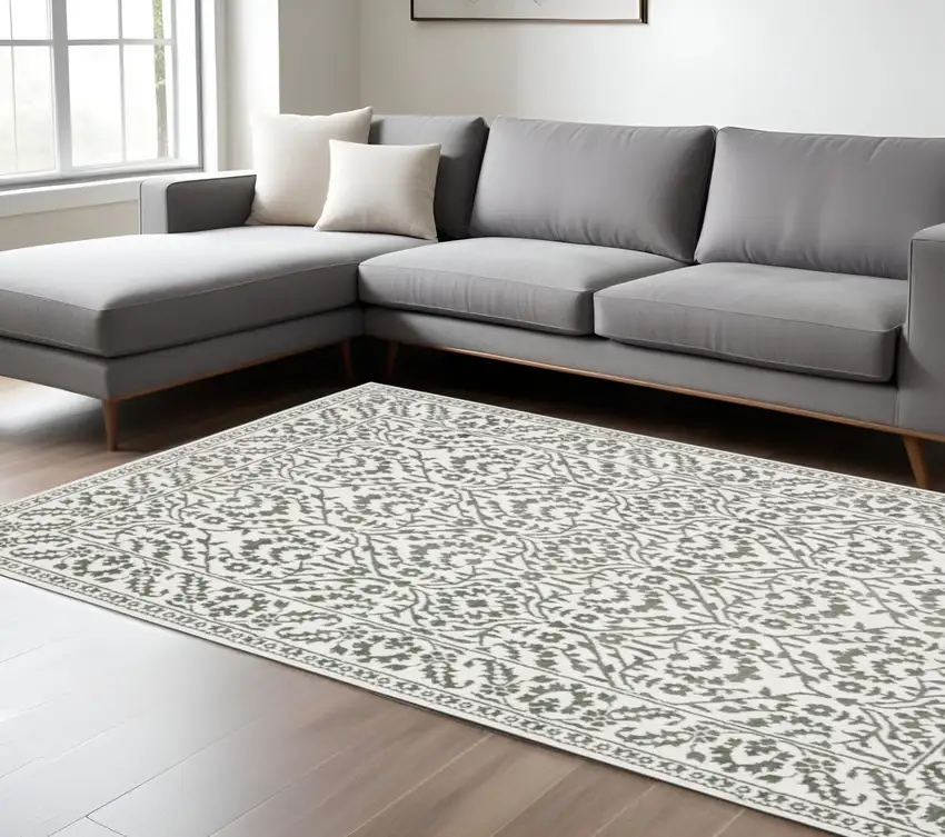 Gray And White Floral Distressed Area Rug Photo 1