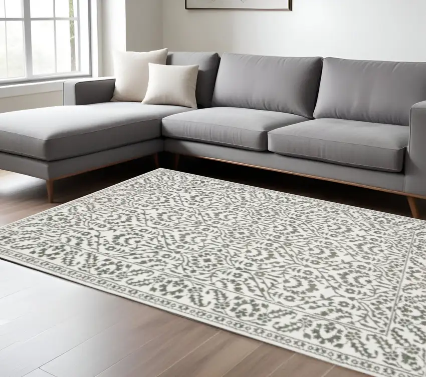 Grey And White Floral Power Loom Stain Resistant Area Rug Photo 1