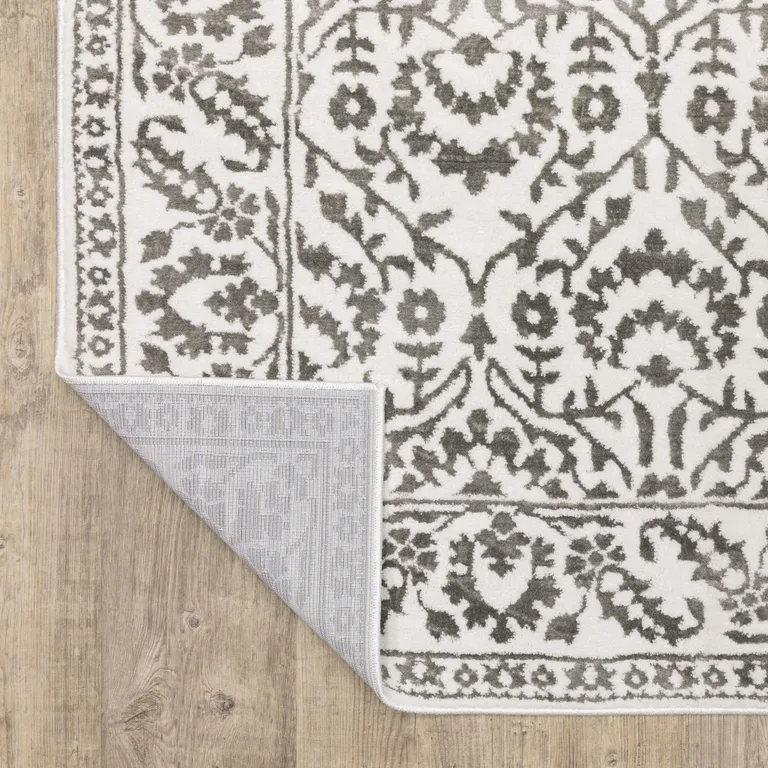Grey And White Floral Power Loom Stain Resistant Runner Rug Photo 5