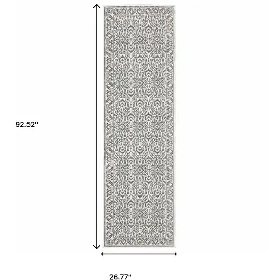 2' X 8' Grey And White Floral Power Loom Stain Resistant Runner Rug Photo 3