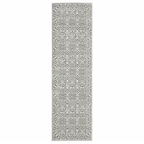 Grey And White Floral Power Loom Stain Resistant Runner Rug Photo 2