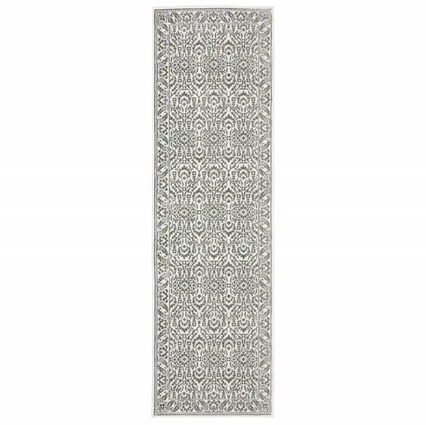 Grey And White Floral Power Loom Stain Resistant Runner Rug Photo 2