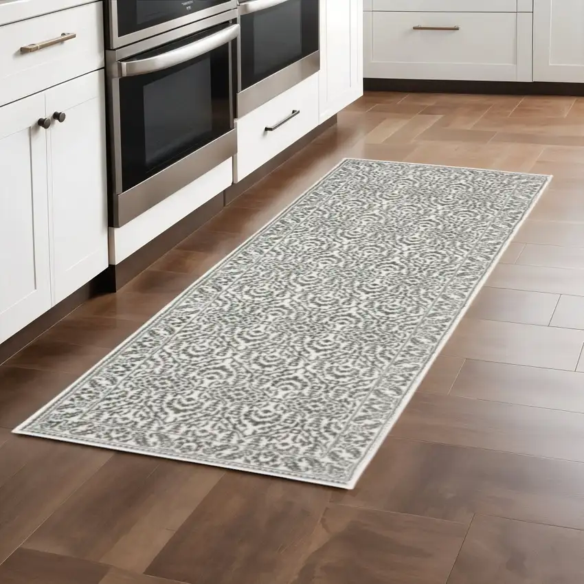 2' X 8' Grey And White Floral Power Loom Stain Resistant Runner Rug Photo 1