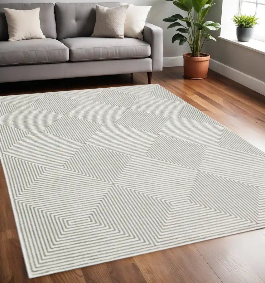Grey And White Geometric Power Loom Stain Resistant Area Rug Photo 1