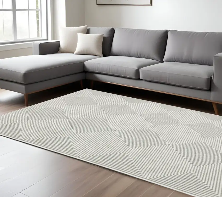 Grey And White Geometric Power Loom Stain Resistant Area Rug Photo 1