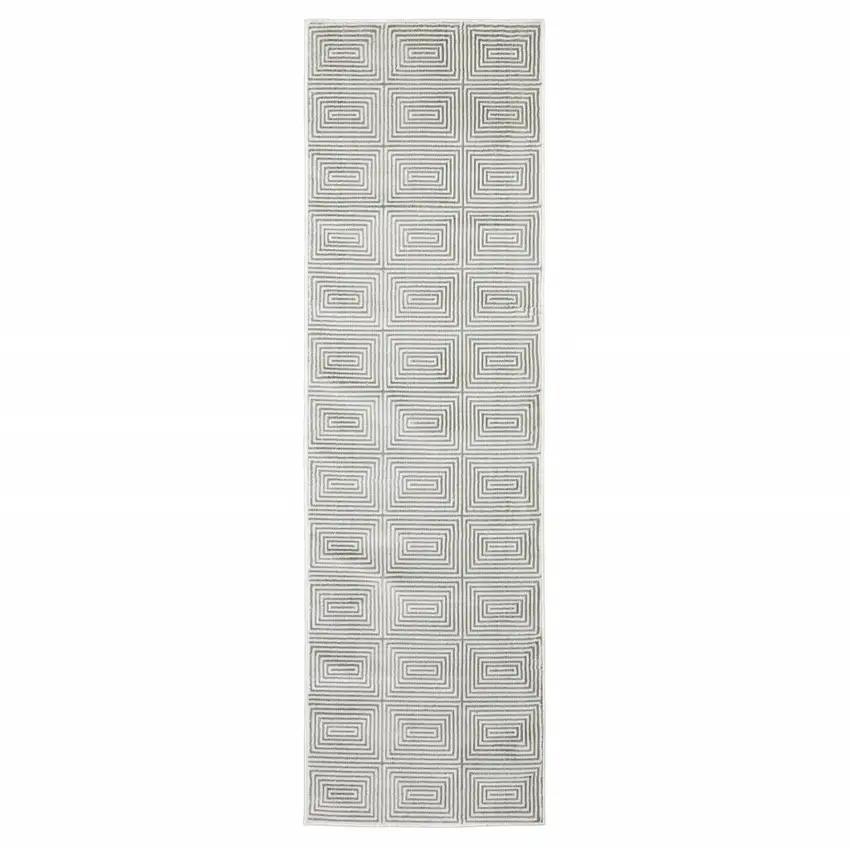 Grey And White Geometric Power Loom Stain Resistant Runner Rug Photo 1