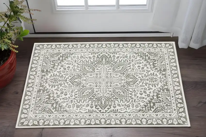 Grey And White Oriental Power Loom Stain Resistant Area Rug Photo 1