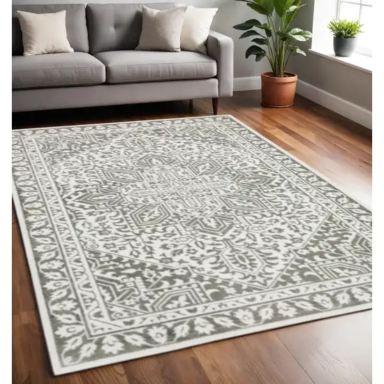 Grey And White Oriental Power Loom Stain Resistant Area Rug Photo 1