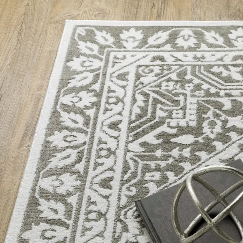 Grey And White Oriental Power Loom Stain Resistant Area Rug Photo 6