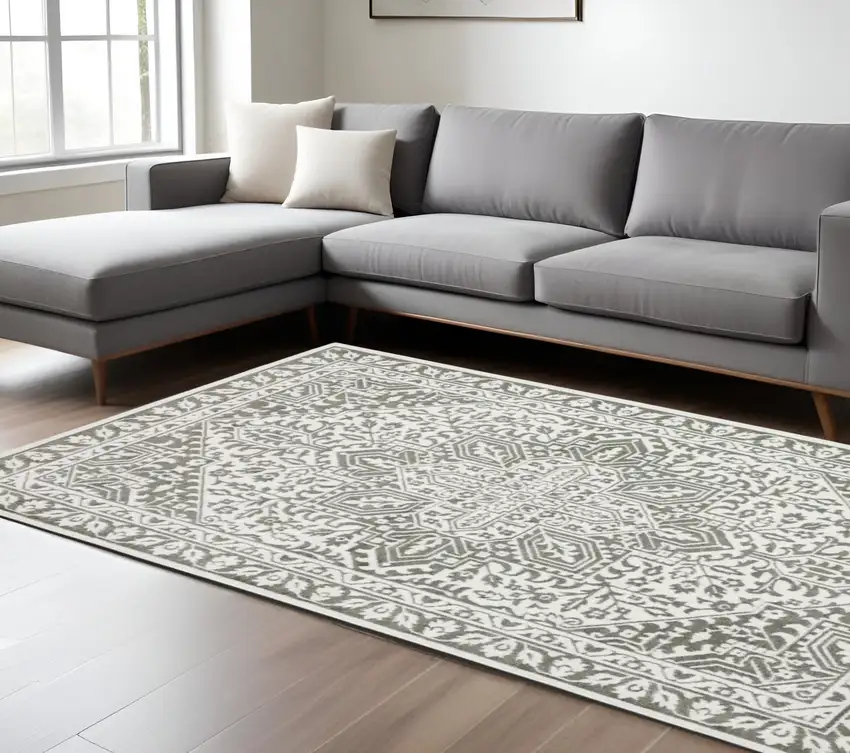 Gray And White Oriental Distressed Area Rug Photo 1
